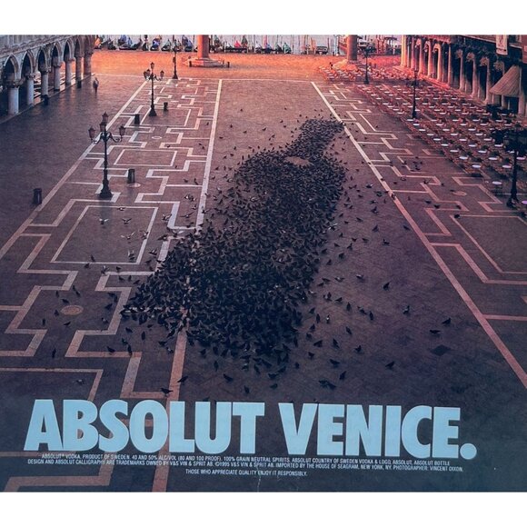 Absolut Vodka Venice Print Ad Vintage 90s Pigeon Flock Bottle Street View - Picture 5 of 5